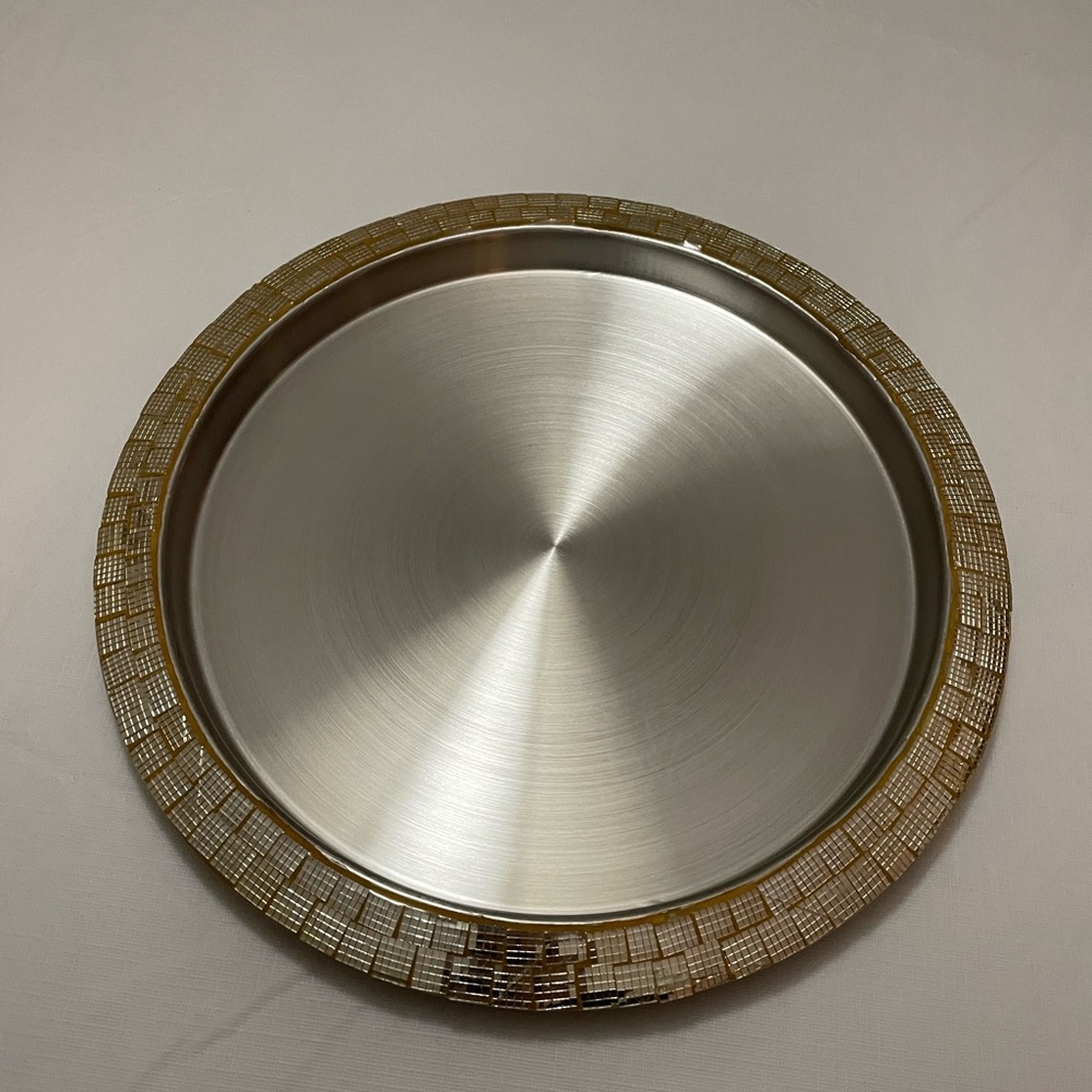 Silver Round Serving Tray with Gold Accents